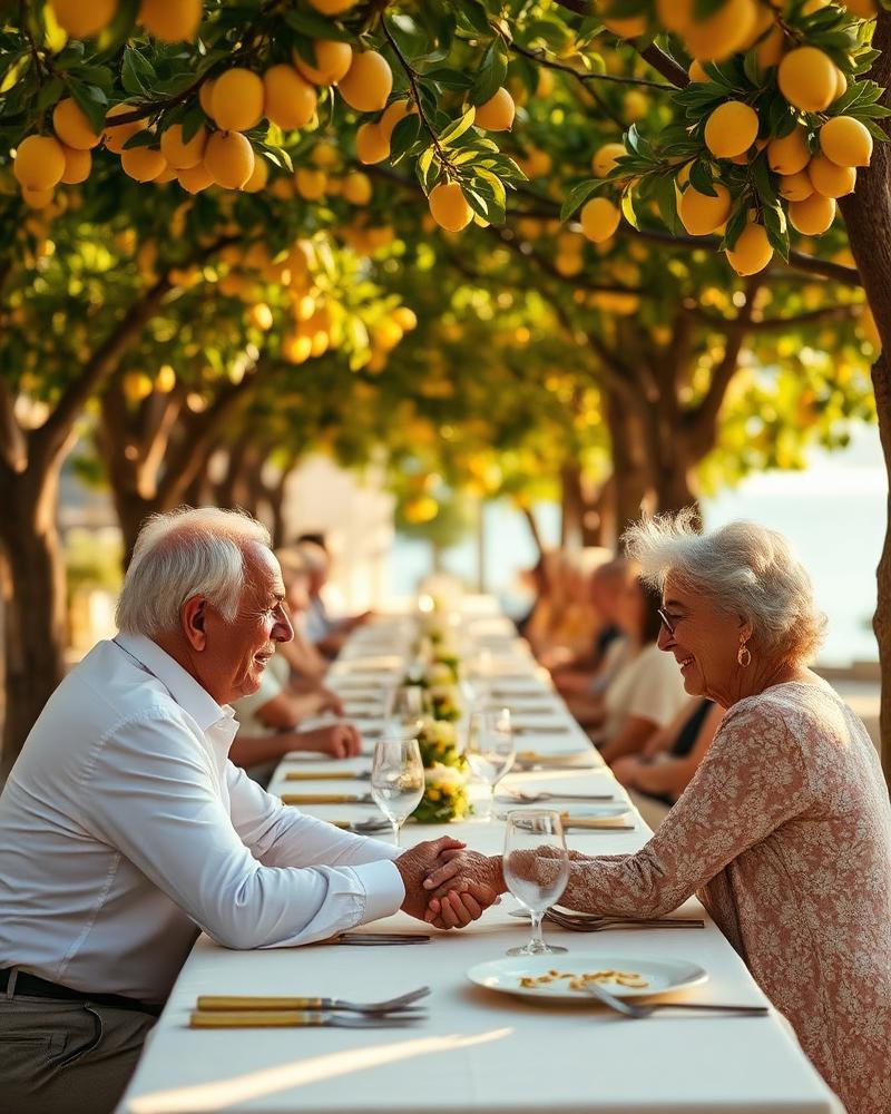 Coppia di anziani sposi che si tiene per mano a una tavolata sotto i limoni