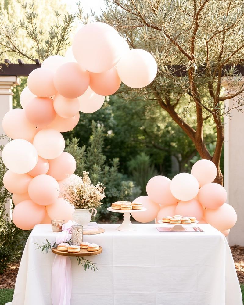 Allestimento baby shower con palloncini rosa antico in un giardino mediterraneo