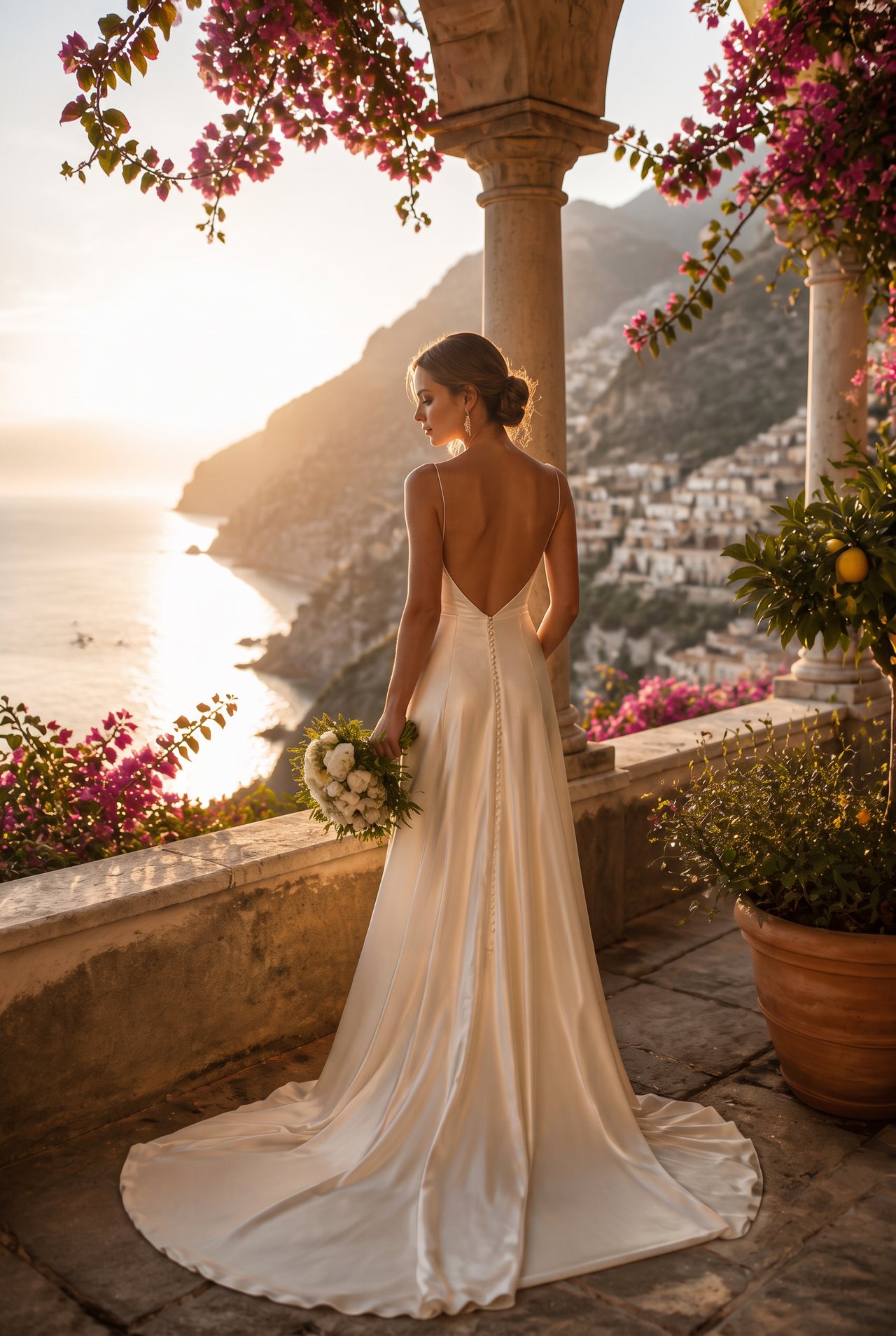 Sposa su una terrazza della Costiera Amalfitana al tramonto